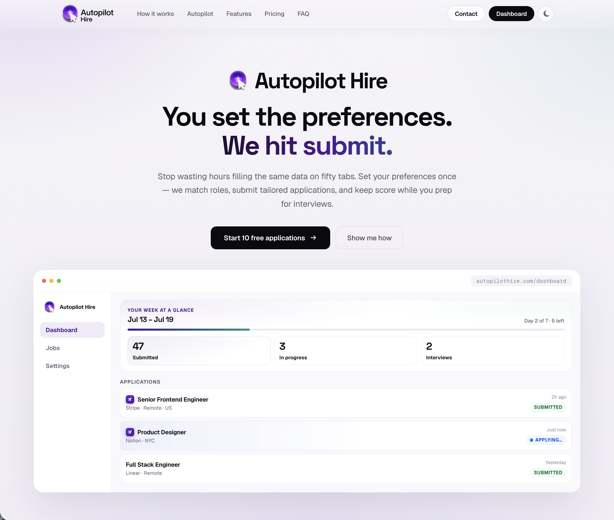 Autopilot Hire landing page with weekly application dashboard